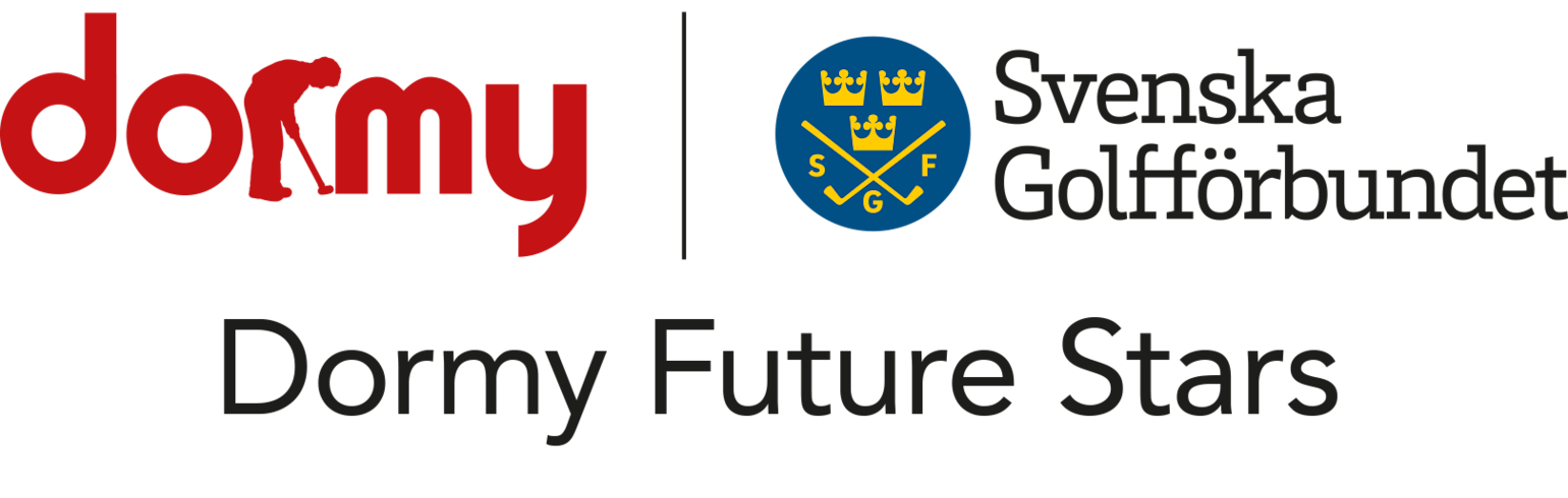 Logotyp: Dormy och Svenska Golfförbundet med texten "Dormy Future Stars" och blått märke med tre kronor och golfklubbor.