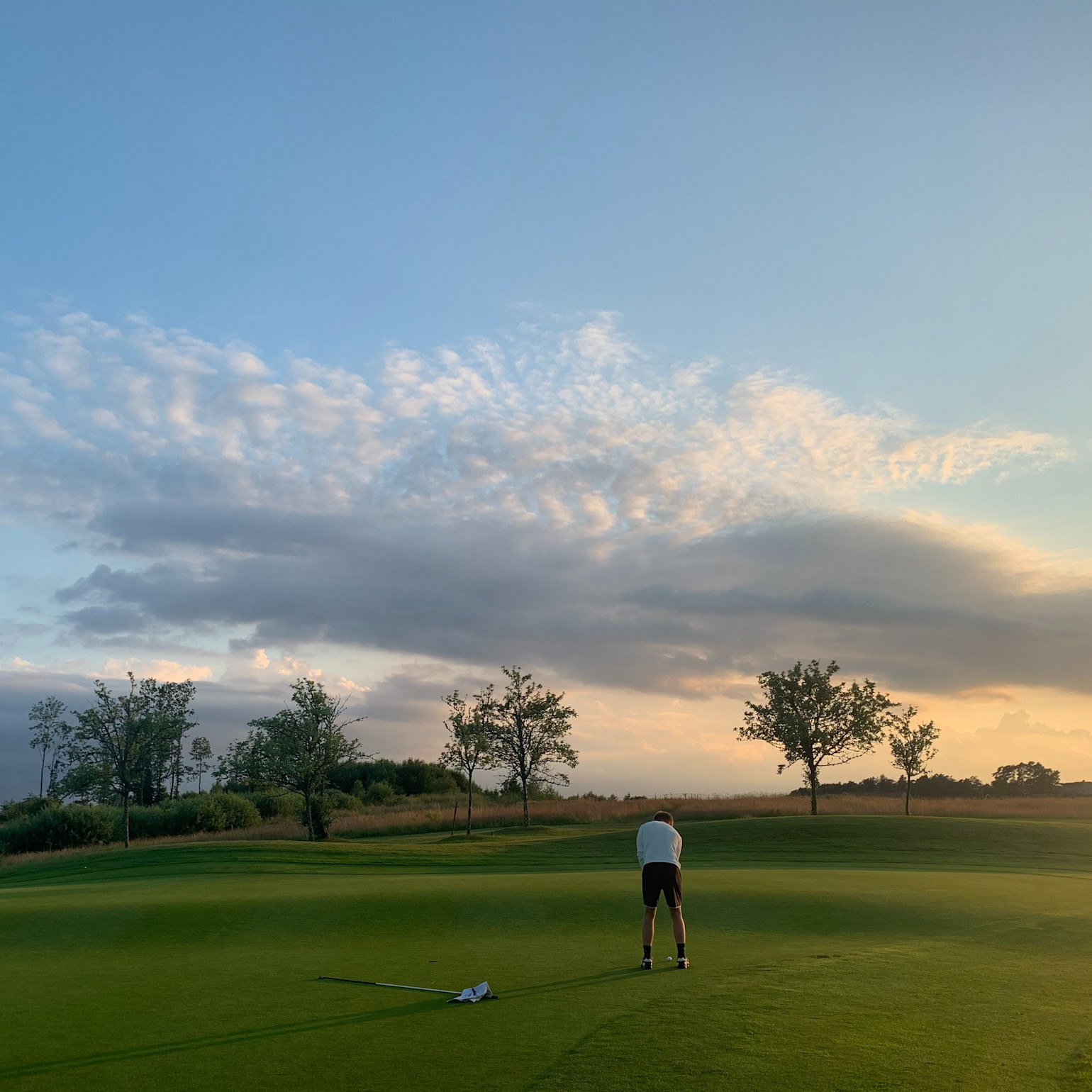 En person putter på en golfgreen ved solnedgang, med nogle træer og skyer på himlen i baggrunden.