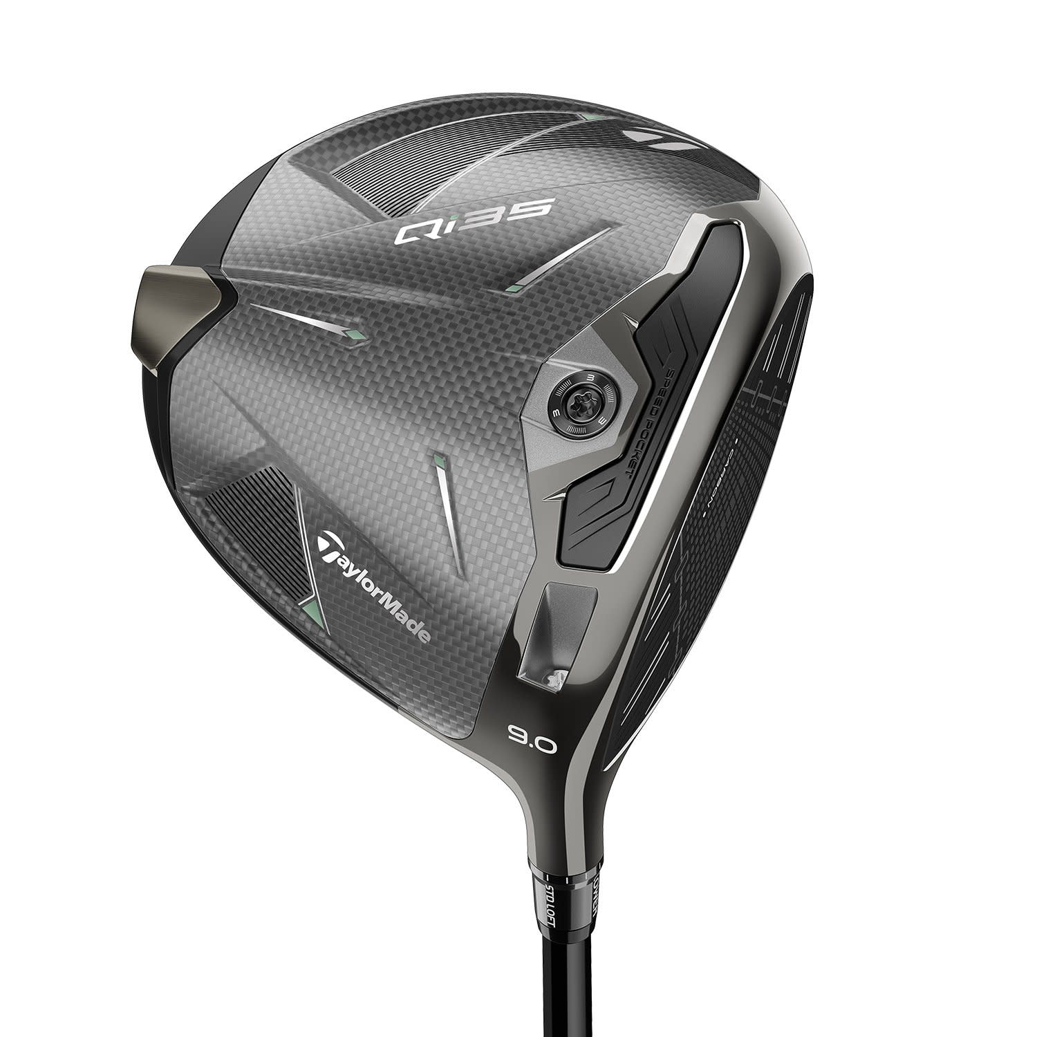 TaylorMade Qi10 golfklubba driver med kolfiberyta, silver- och svarta detaljer samt texten "9.0" och "TaylorMade".