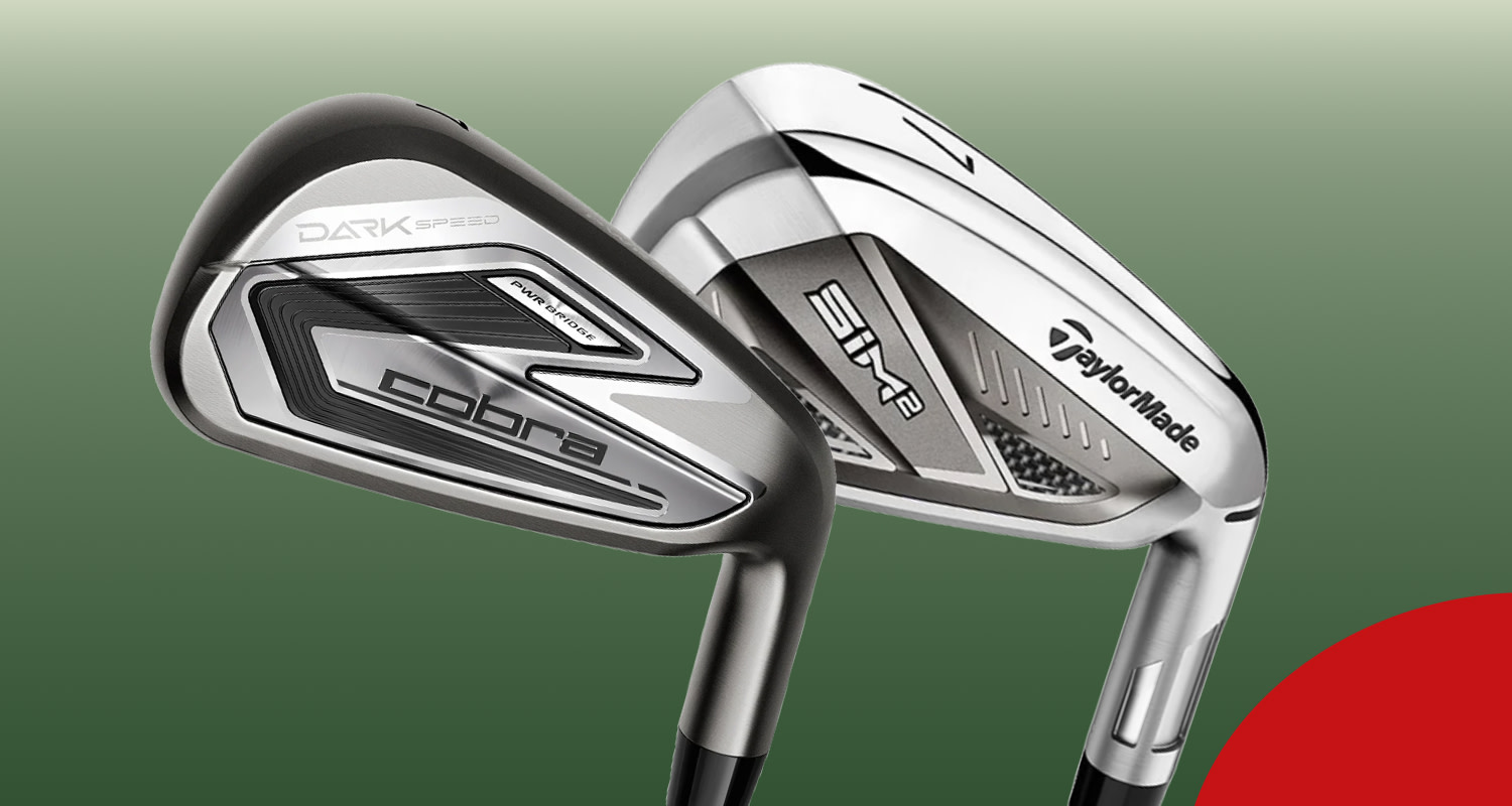 Kaksi golfmailaa, Cobra Dark Speed ja TaylorMade SIM2, on esillä vihreää taustaa vasten.