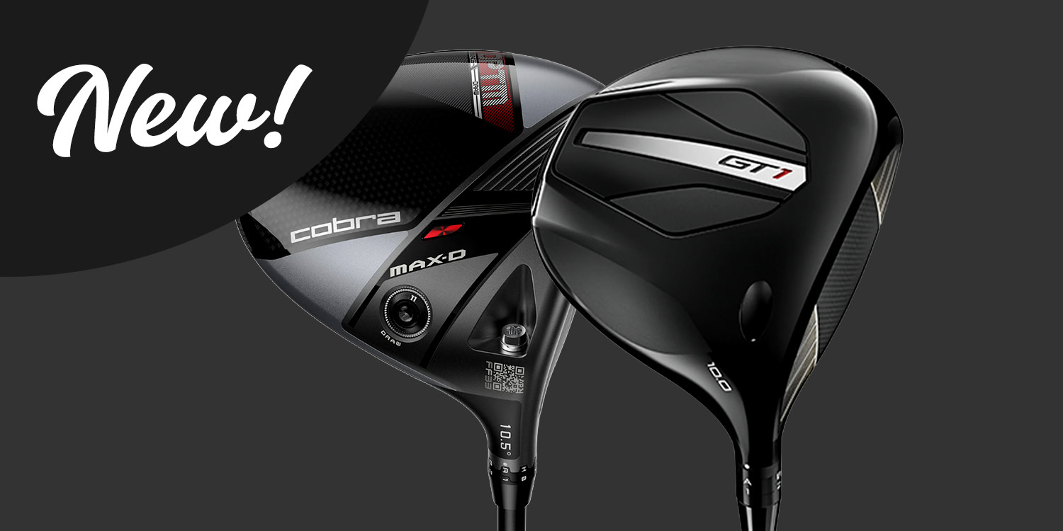 Två nya golfdrivers, en märkt "cobra MAX-D" och en annan med "GT1", mot mörk bakgrund med texten "New!" i hörnet.