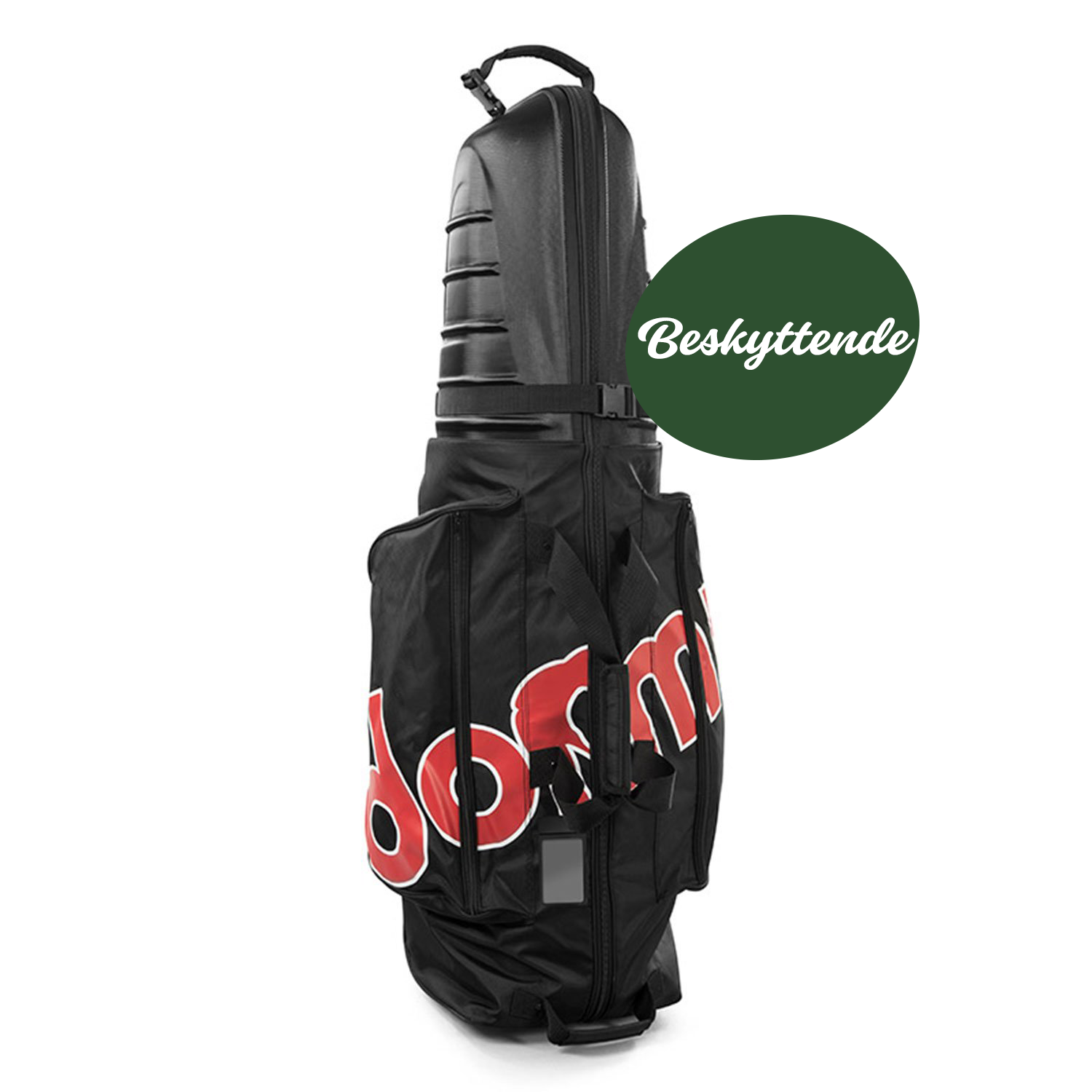 Svart golfreisebag med hardt skall øverst, bærehåndtak og store røde bokstaver på siden mot hvit bakgrunn.