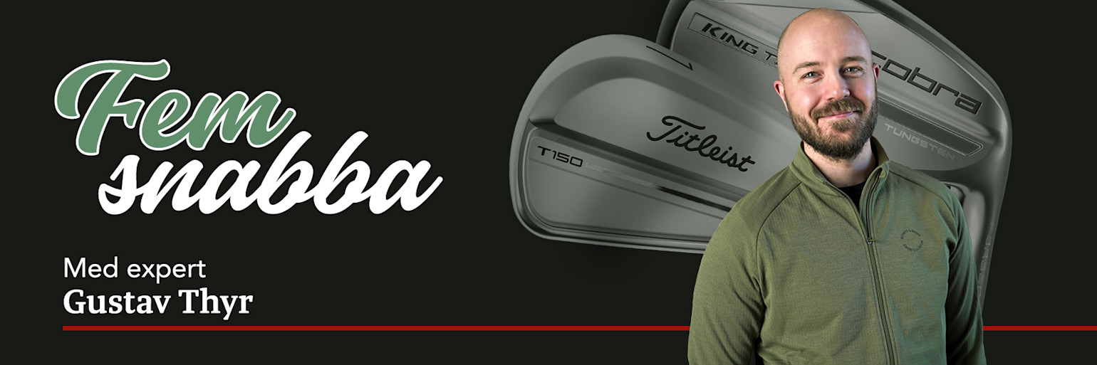 Man i grön tröja ler framför stora golfklubbor, med texten "Five questions with expert Gustav Thyr".