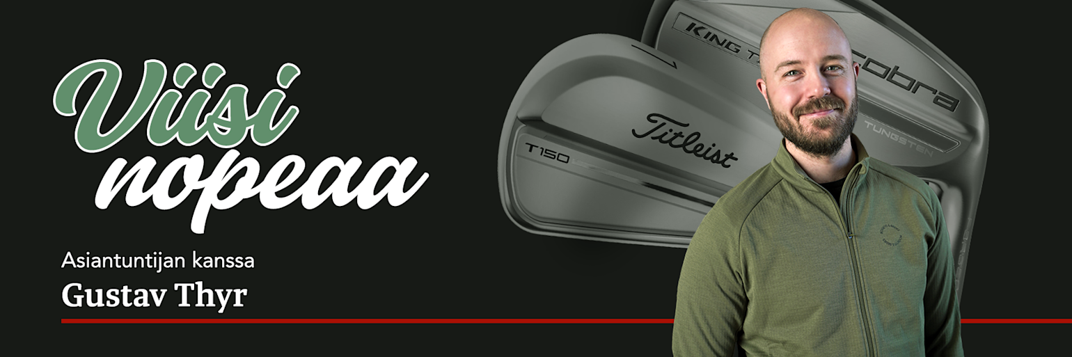 Mies vihreässä paidassa hymyilee suurten golfmailojen edessä, tekstillä "Viisi kysymystä asiantuntija Gustav Thyrin kanssa".