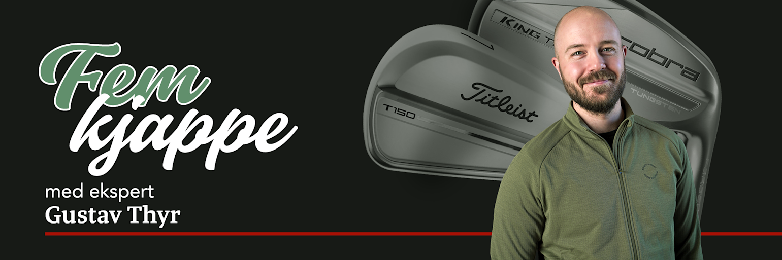 Mann i grønn genser smiler foran store golfkøller, med teksten "Fem spørsmål med eksperten Gustav Thyr".