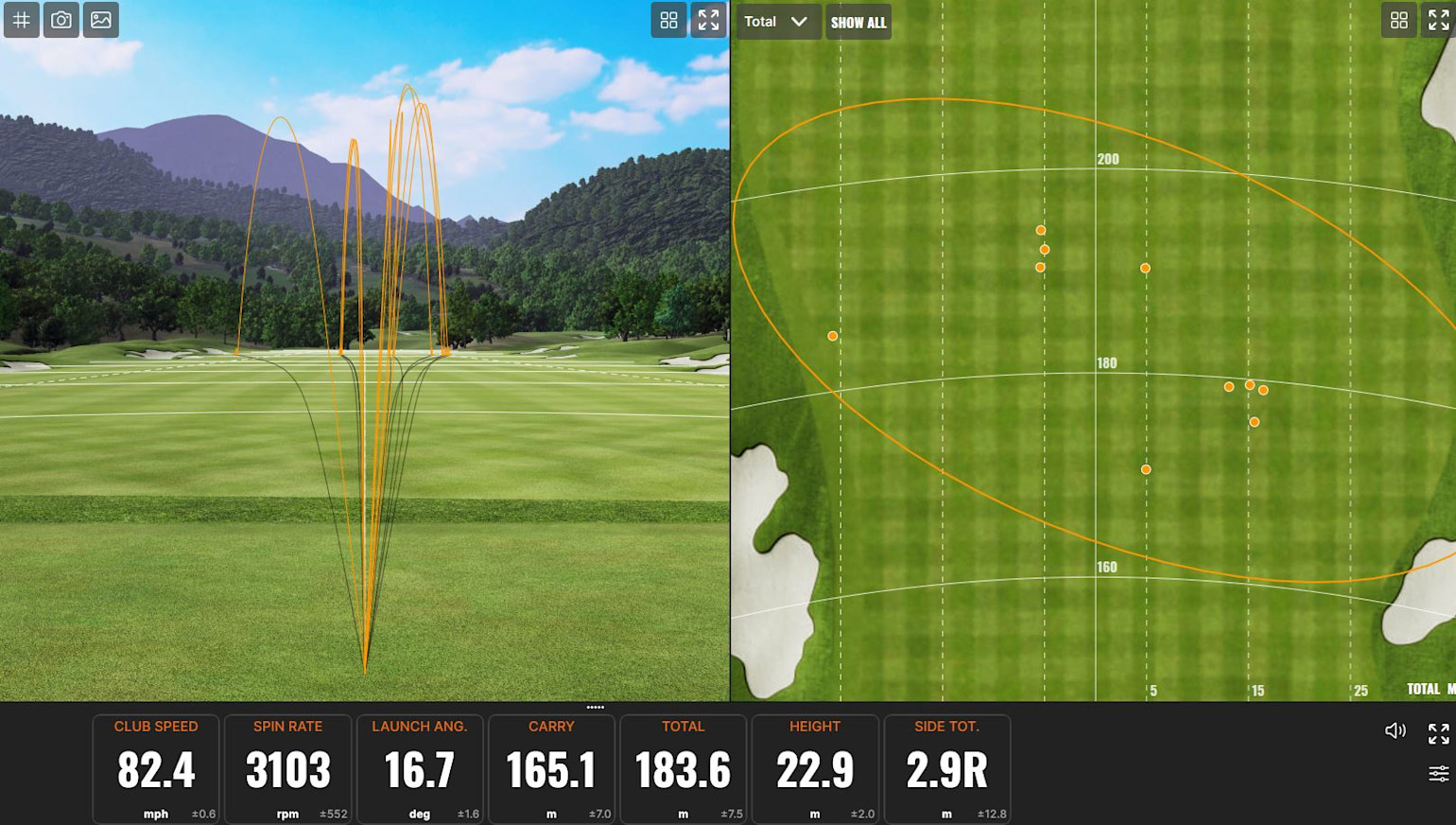 Golfbollars flyktbanor visas på en virtuell driving range, med statistik som klubbhastighet 82,4 mph, spinn 3103 rpm och carry 165,1 m.