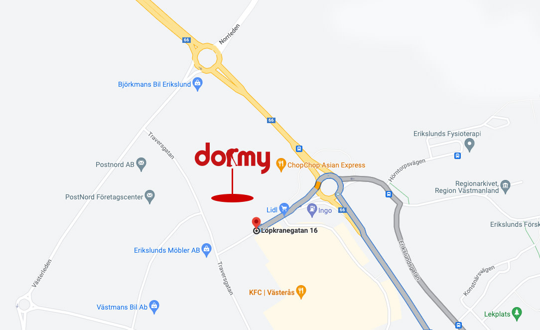 Karta som visar vägbeskrivning till Dormy på Löpkranegatan 16 i Västerås, nära Lidl, KFC och ChopChop Asian Express.