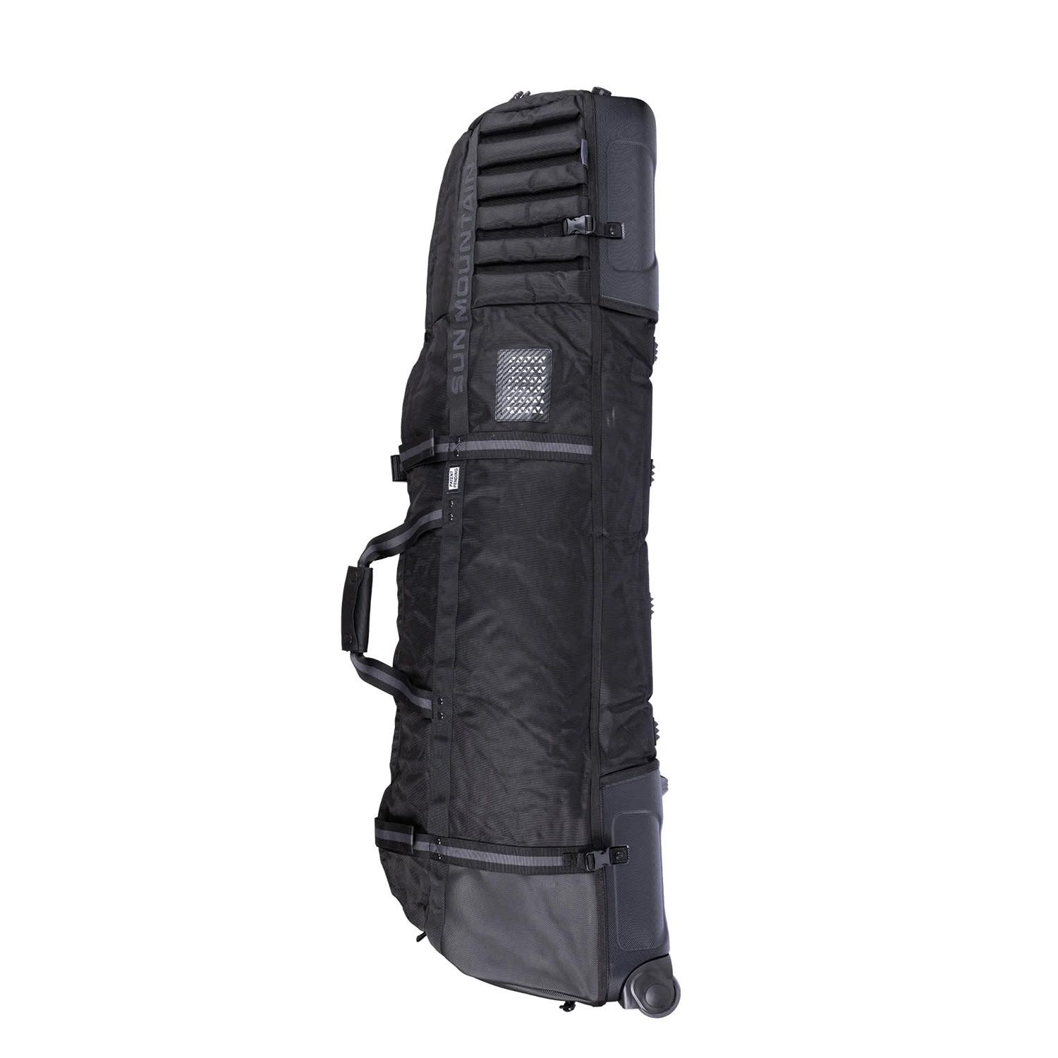 Black ski bag with wheels and handle, marked with the text "SUN MOUNTAIN", standing upright against a white background.