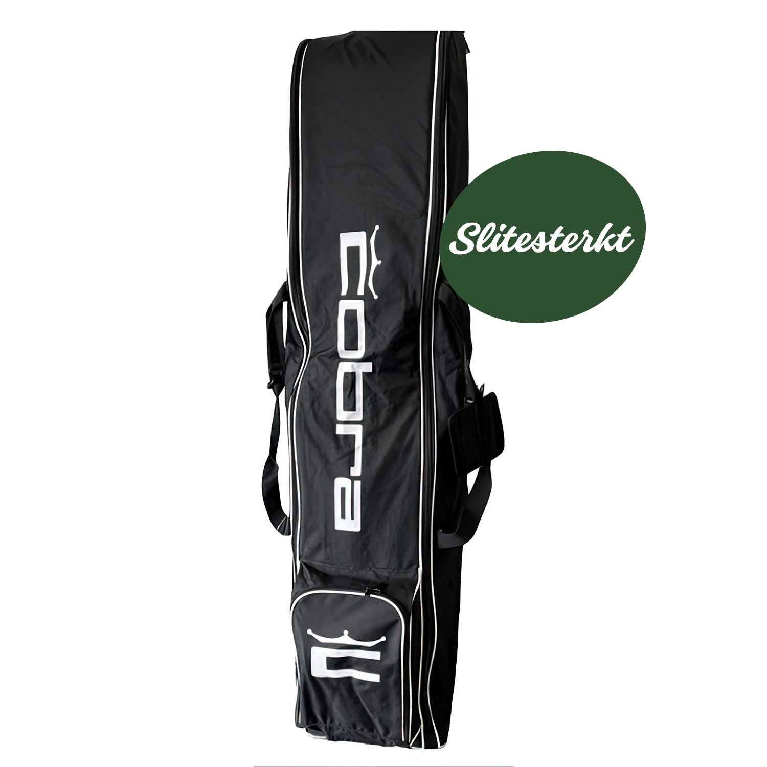 Svart golfbag med hvit tekst "Cobra" og logo, utstyrt med bærehåndtak og lomme med glidelås.