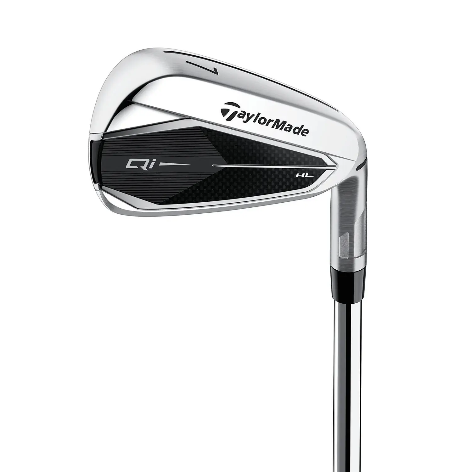 TaylorMade Qi HL järnklubba med silver- och svart klubbhuvud, visad mot vit bakgrund.