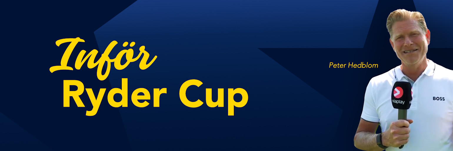 Peter Hedblom håller en Viaplay-mikrofon, texten "Inför Ryder Cup" och "Peter Hedblom" syns mot blå bakgrund.