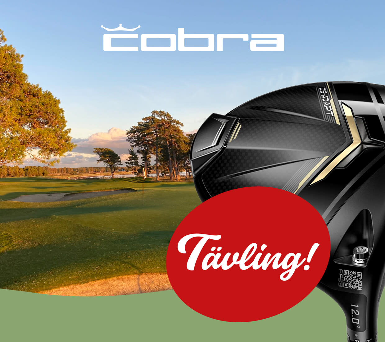 Golfklubba från Cobra visas mot en golfbana i solnedgång, med texten "Tävling!" i en röd cirkel.