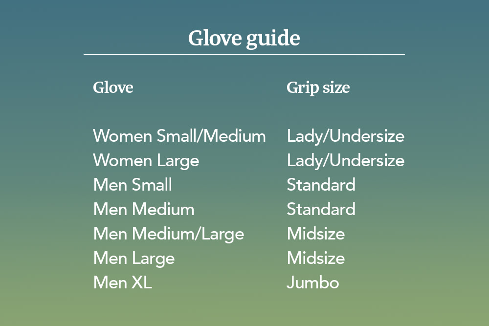 Table with glove sizes and corresponding grip sizes: women’s small/medium and large = Lady/Undersize, men’s small/medium = Standard, men’s medium/large = Midsize, men’s XL = Jumbo.