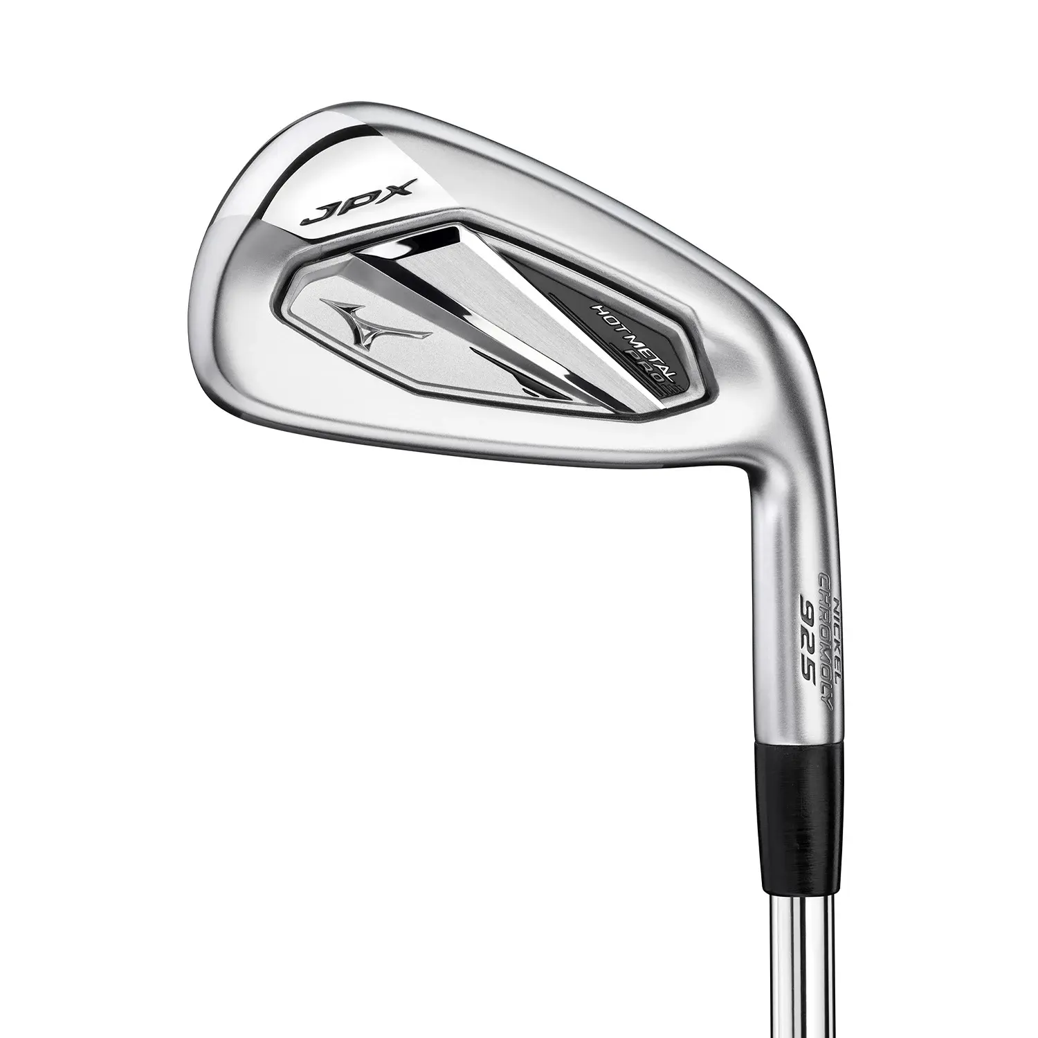 Golfmaila, rautamaila-tyyppiä, Mizuno JPX 923 Hot Metal -malli, hopeanvärinen mustalla tekstillä ja logolla valkoista taustaa vasten.