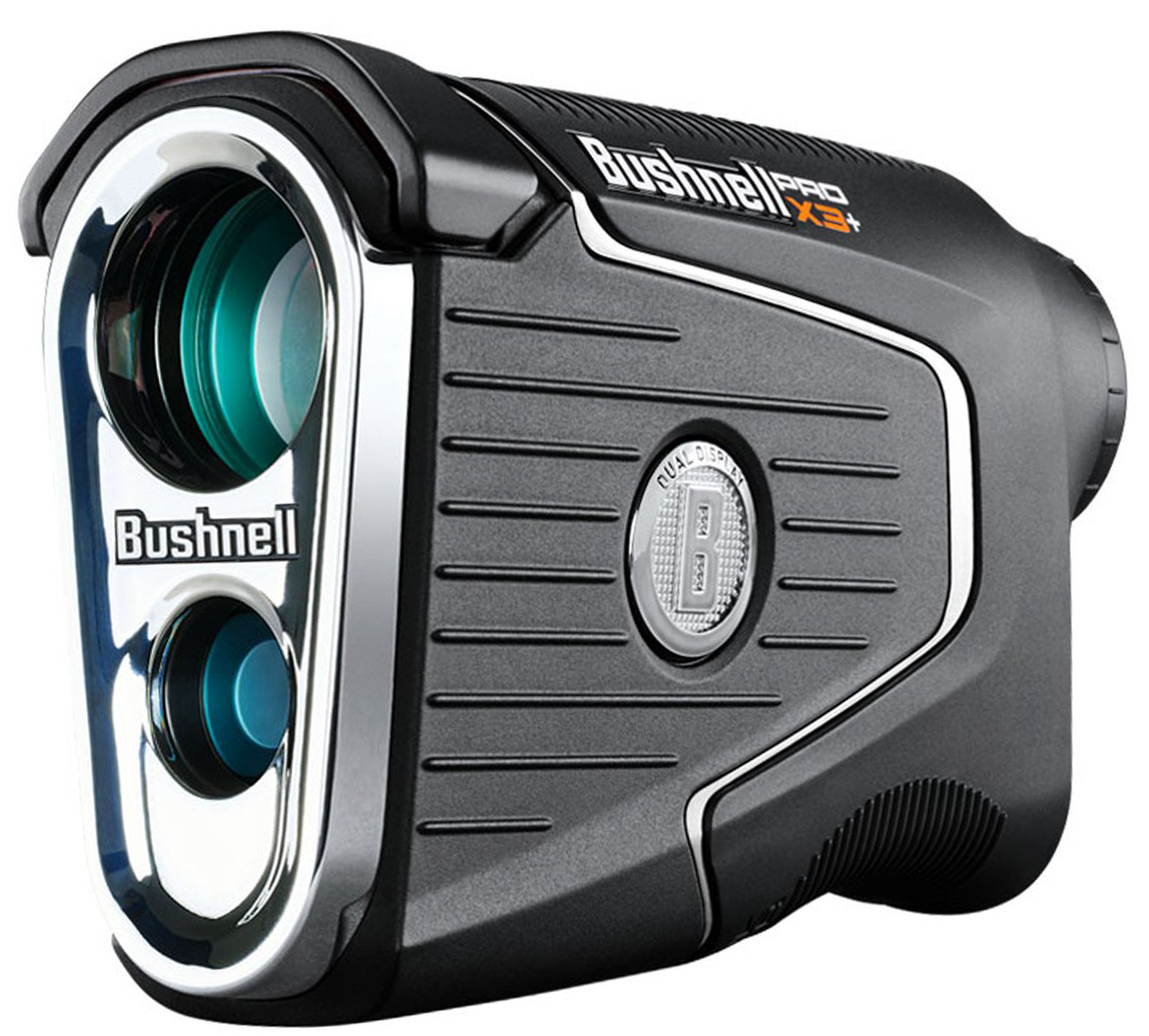 Avståndsmätare Bushnell Pro X3+ i svart med två linser och märkning på sidan, används för golf eller jakt.