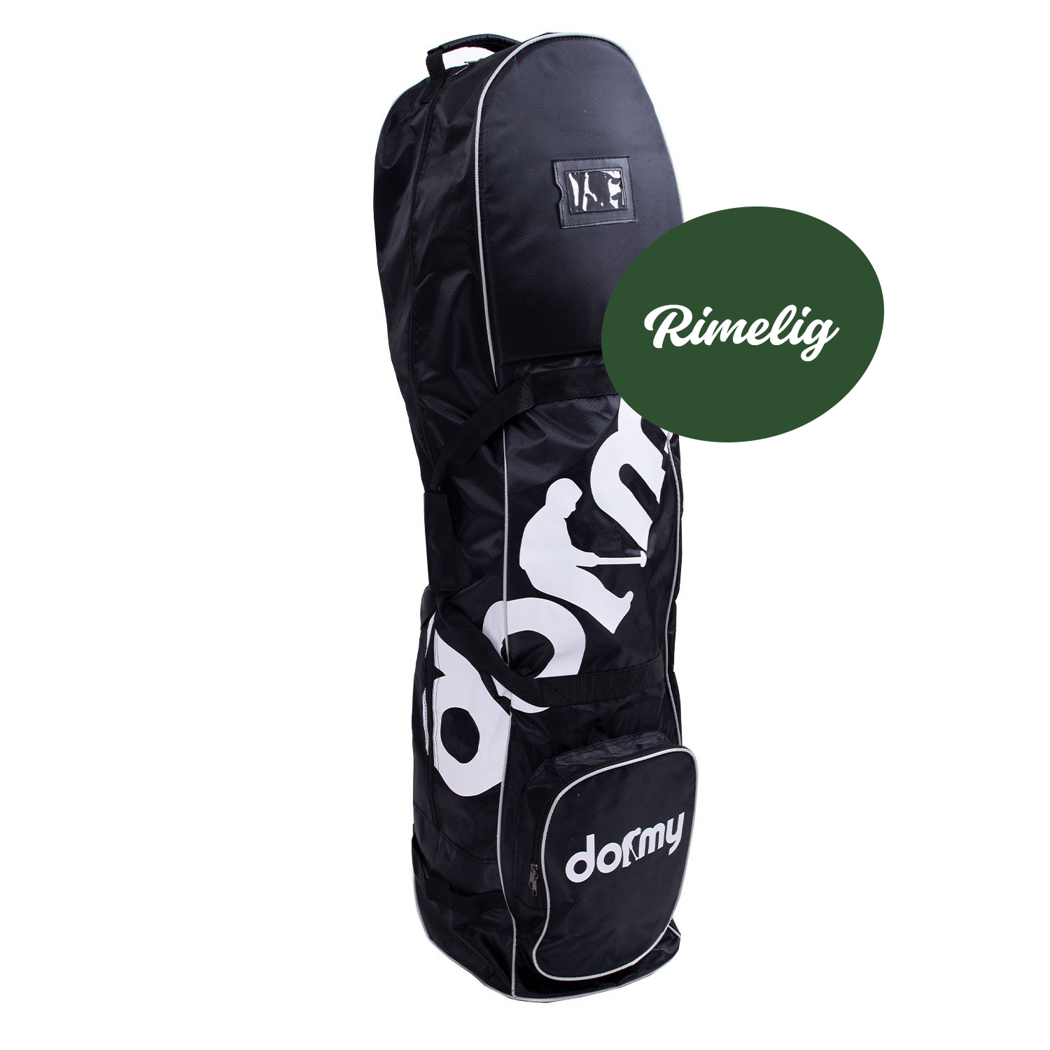 Svart golfreisebag med hvit tekst "dormy" på siden og frontlomme, stående mot hvit bakgrunn.