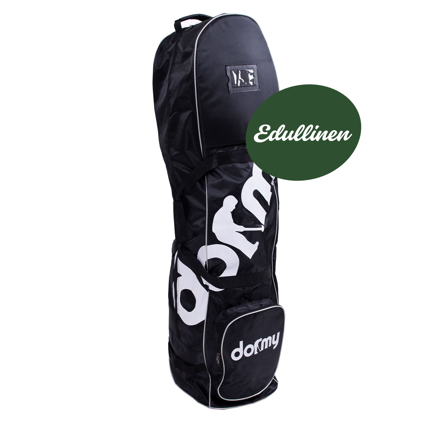 Musta golfmatkalaukku, jossa valkoinen "dormy"-teksti sivulla ja etutasku, seisoo valkoista taustaa vasten.