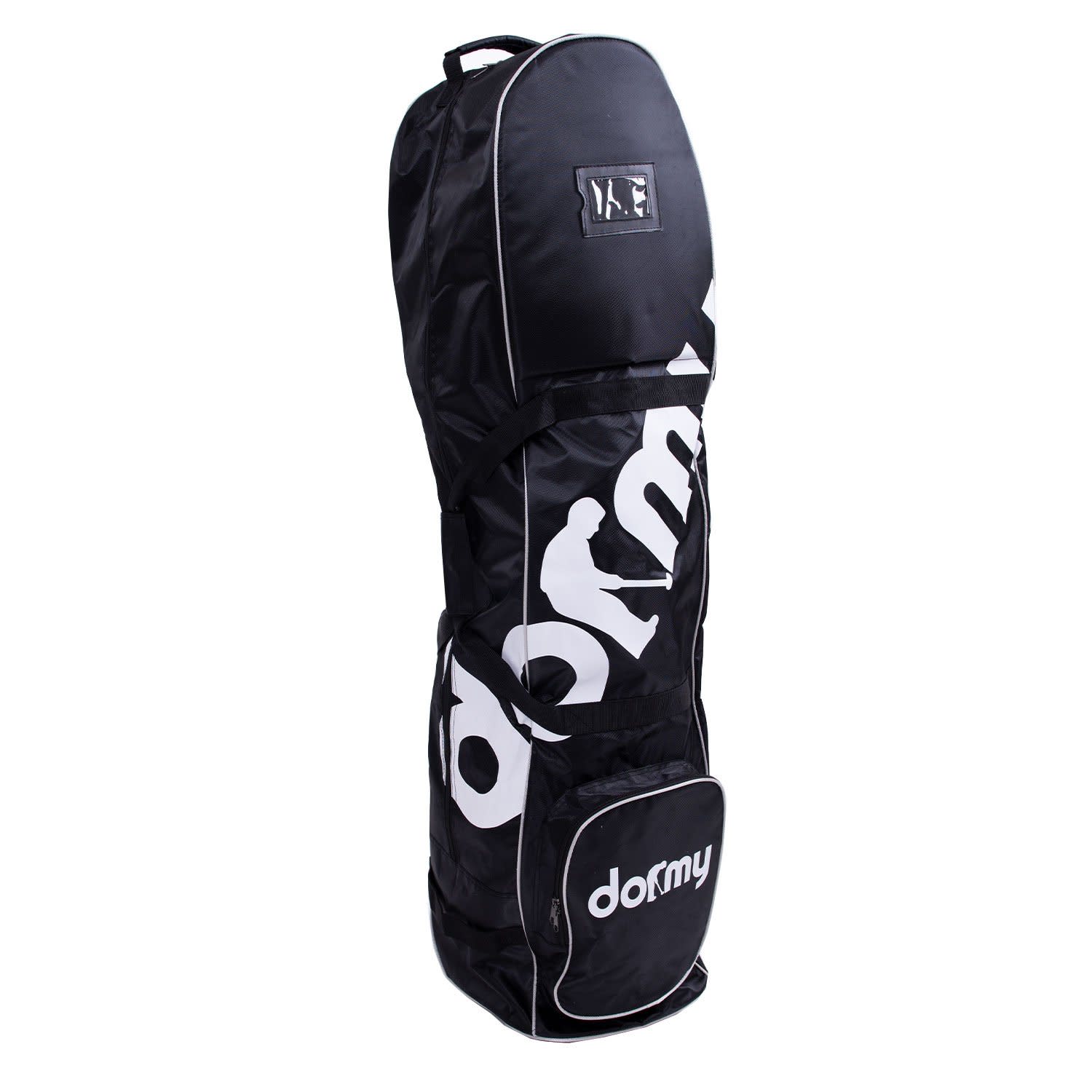 Schwarzes Golfreisecase mit weißem Schriftzug „dormy“ an der Seite und Fronttasche, stehend vor weißem Hintergrund.