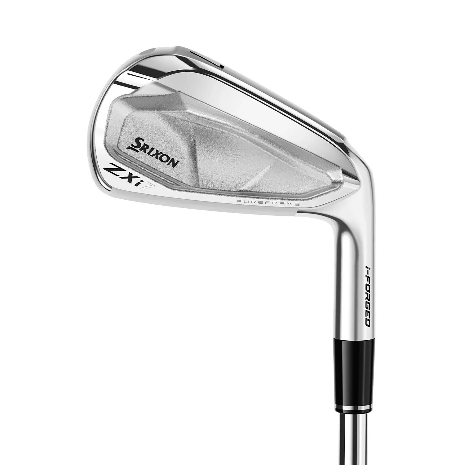 Srixon ZX7 -rautamaila hopeanvärisellä designilla, jossa "PUREFRAME" ja "i-FORGED" -tekstit näkyvät mailan lavassa.