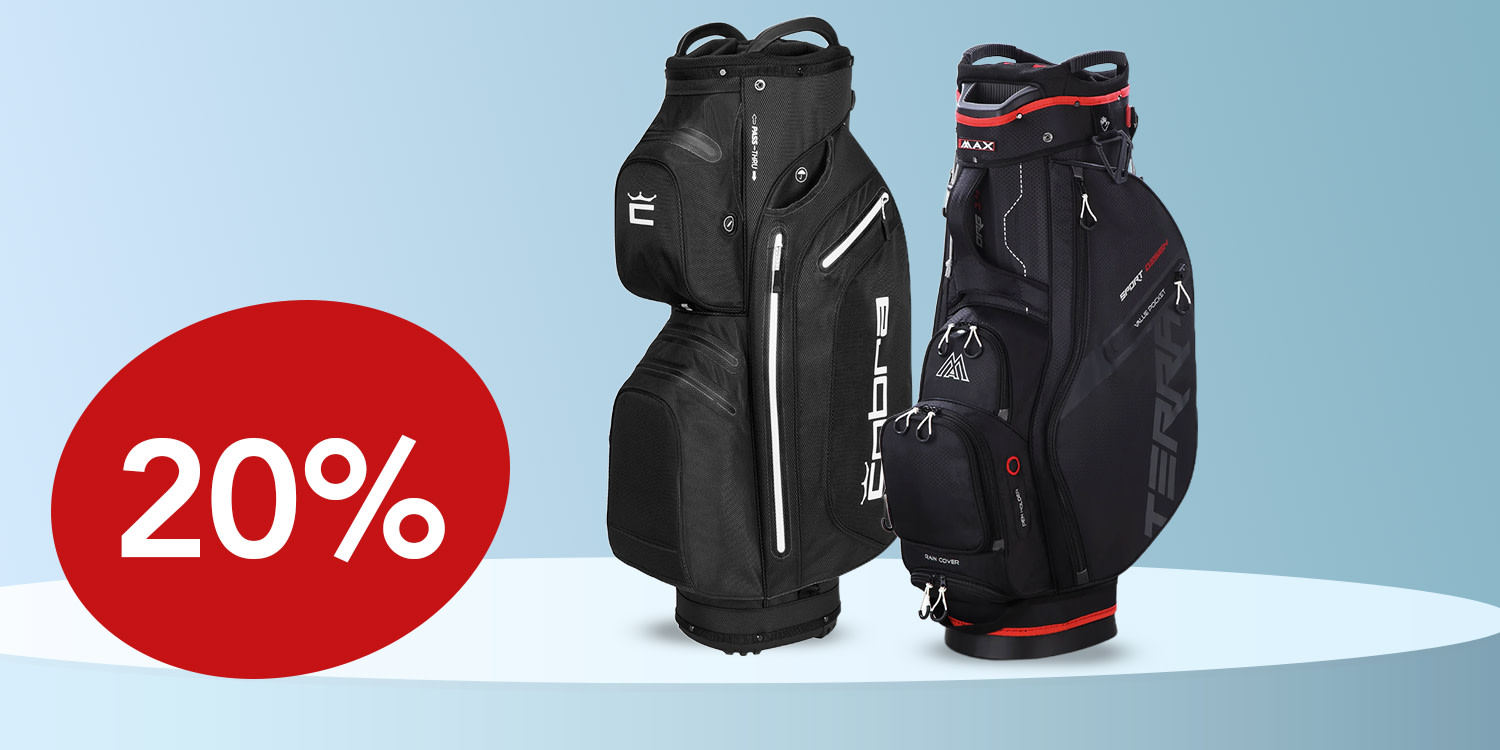 Två svarta golfbagar står bredvid varandra med en röd cirkel som visar texten "20%" till vänster.