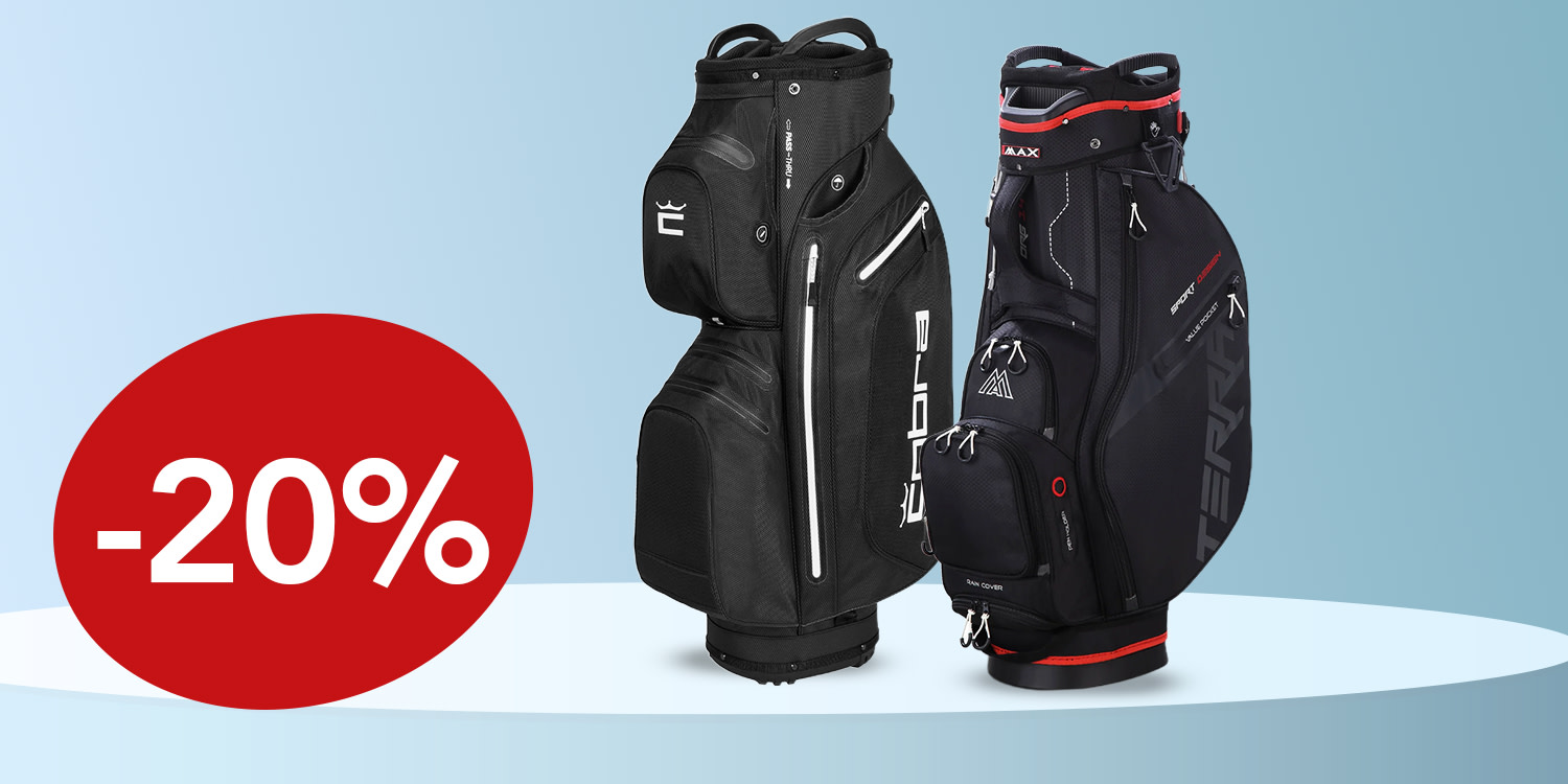 Kaksi mustaa golfbägiä seisoo vierekkäin, ja vasemmalla puolella on punainen ympyrä, jossa lukee "20 %".