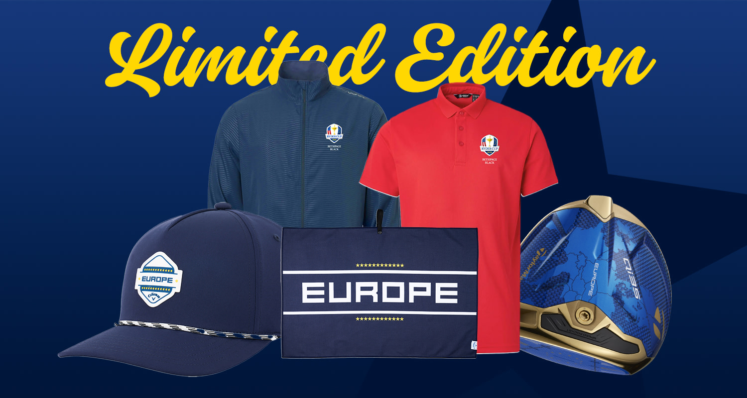 Mehrere Ryder-Cup-Produkte, darunter eine Jacke, ein rotes Poloshirt, eine Kappe, ein Handtuch mit der Aufschrift „EUROPE“ und ein Golfschläger, vor blauem Hintergrund mit dem Text „Limited Edition“.