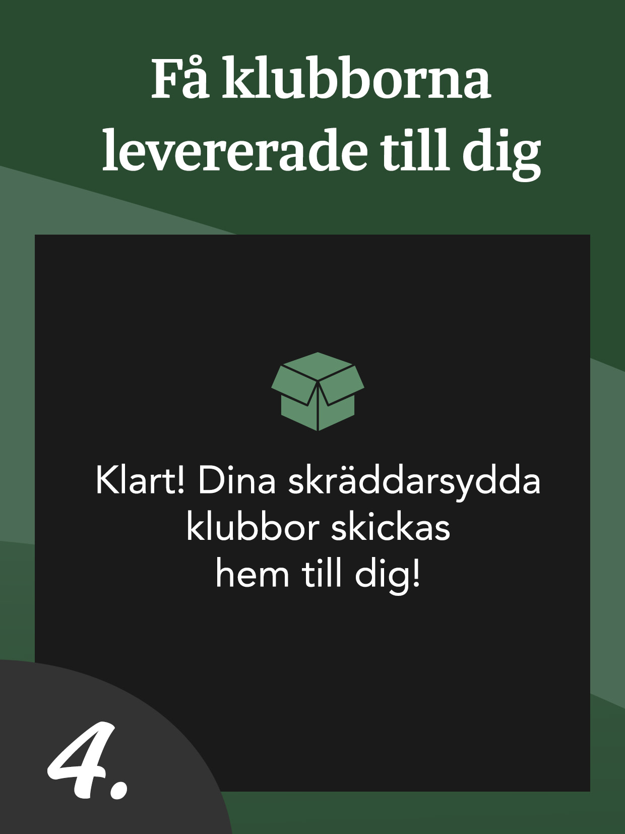 Text på tyska om leverans av skräddarsydda klubbor, med en ikon av en öppen kartong och siffran 4 i ett rött hörn.