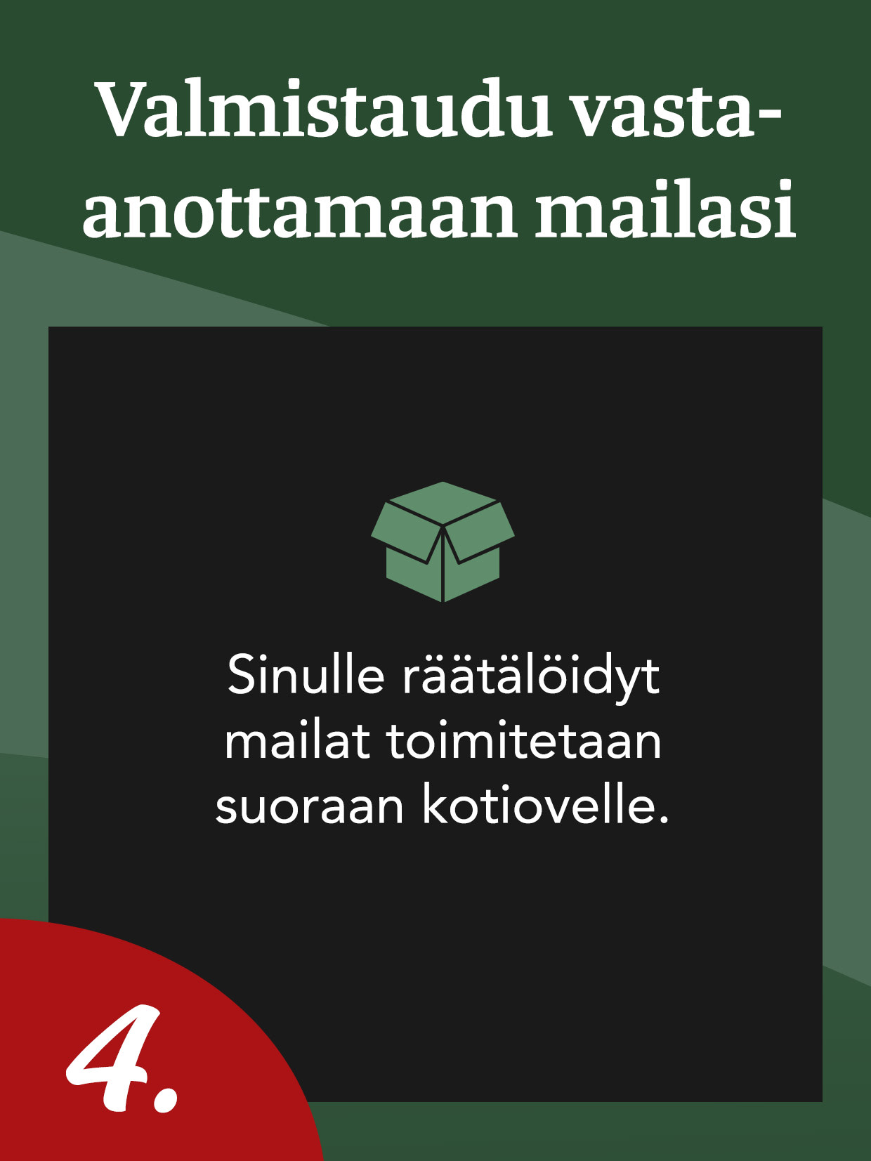Teksti saksaksi räätälöityjen mailojen toimituksesta, avoimen laatikon kuvake ja numero 4 punaisessa kulmassa.