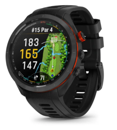 Svart sportklocka visar golfbana med hål 15, avståndsangivelser 183, 165, 147 meter och färgglad karta på skärmen.