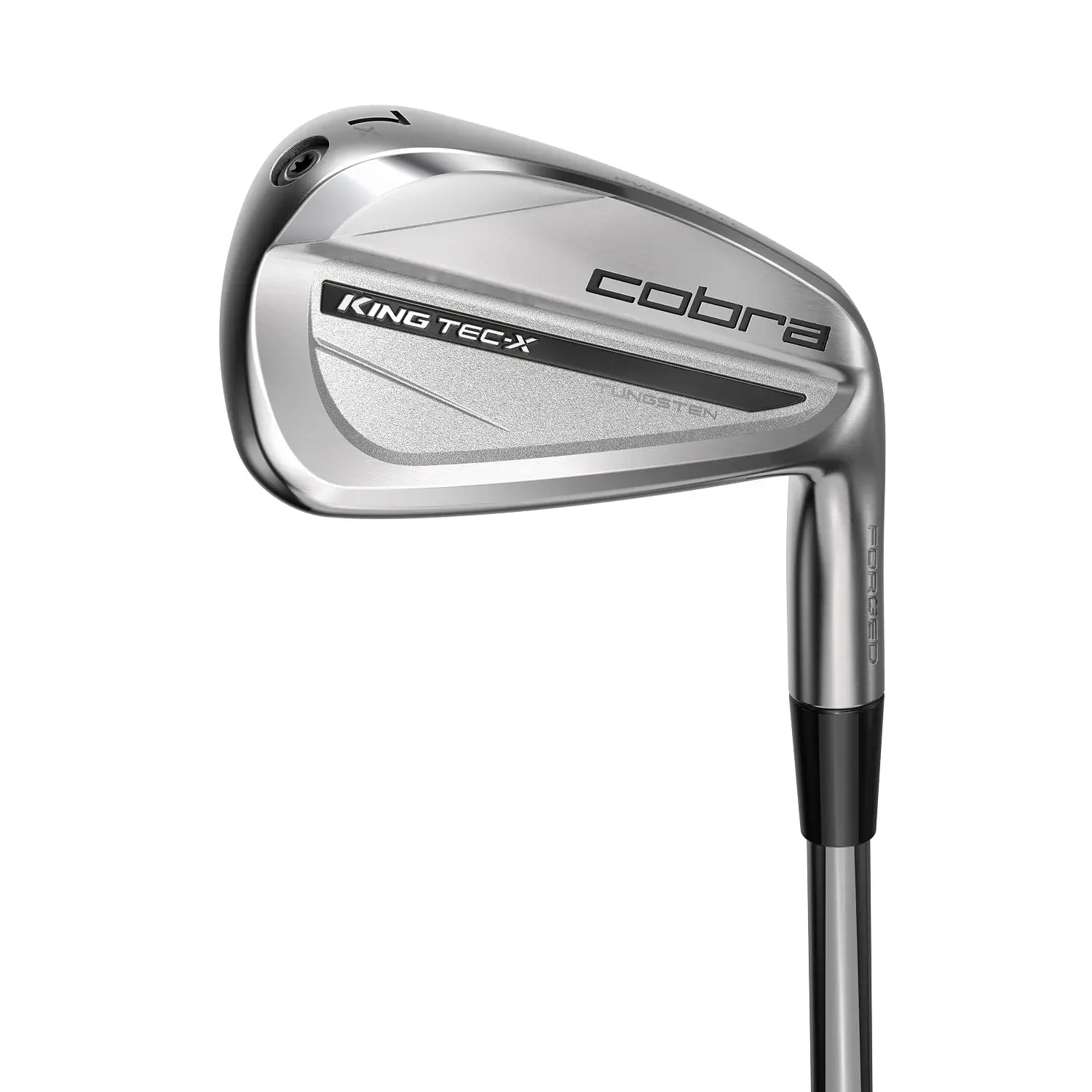 Golfmaila Cobra King Tec-X rautamaila hopeanvärisenä, jossa on tekstit "KING TEC-X", "cobra" ja "TUNGSTEN" mailan lavassa.