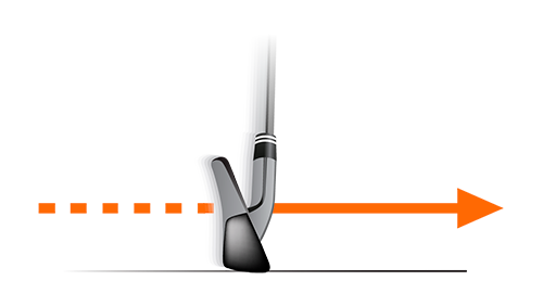 En golfklubba träffar marken med en orange pil som visar rörelseriktningen framåt åt höger.