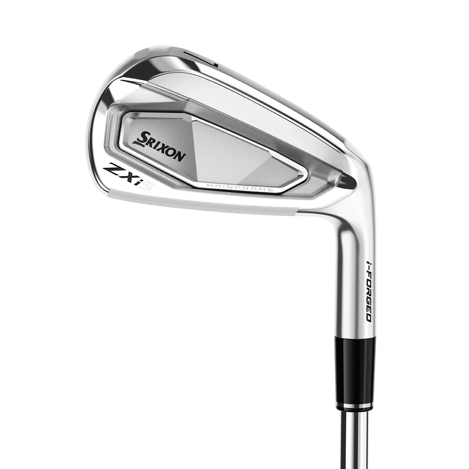 Srixon ZX5 -rautamaila hopeanvärisenä, jossa on tekstit "MAINFRAME" ja "i-FORGED" mailan lavassa.