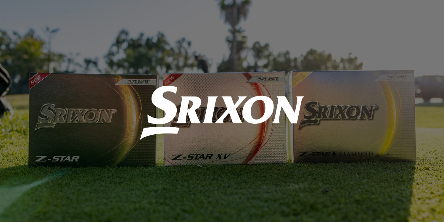 Tre Srixon golfboldpakker, modellerne Z-Star, Z-Star XV og Z-Star Diamond, står på græs med træer i baggrunden.