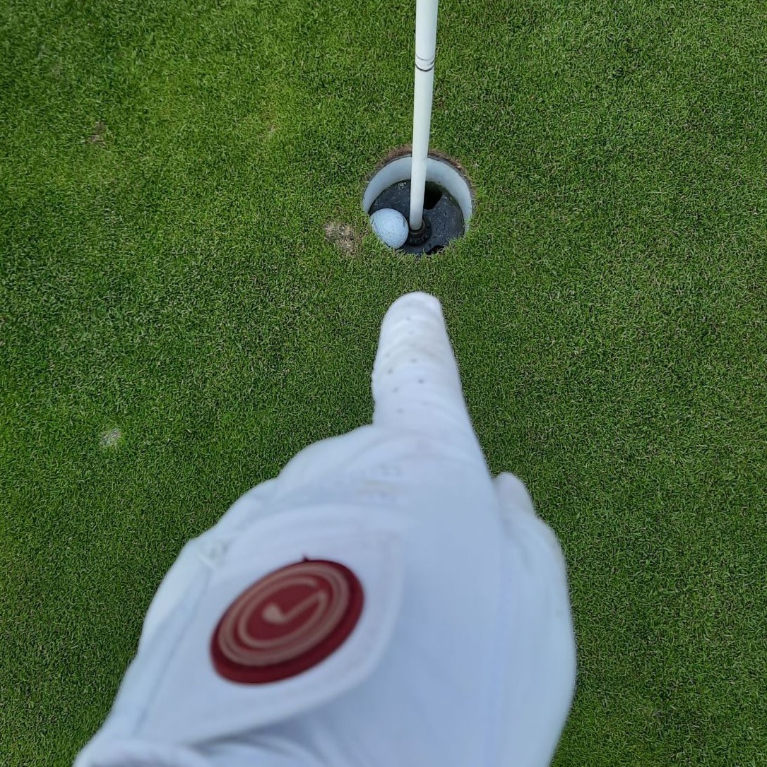 En hånd med en hvid golfhandske peger på en golfbold, der ligger i hullet ved siden af flagstangen på en golfgreen.
