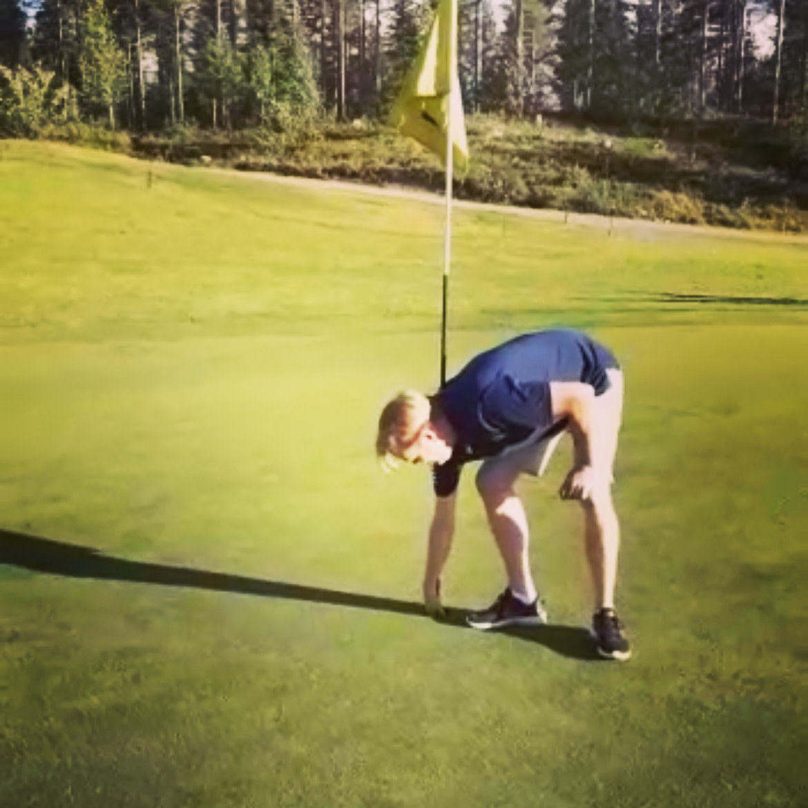 Man samler en golfbold op fra greenen tæt på flagstangen på en golfbane omgivet af træer og græs.