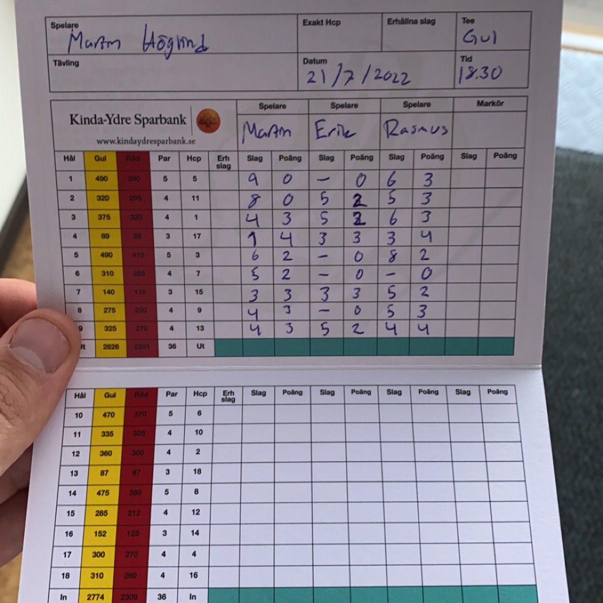En person holder et golfscorekort fra Kinda-Ydre Sparbank med håndskrevne resultater for spillerne Martin, Erik og Rasmus, dateret 21/7/2022.