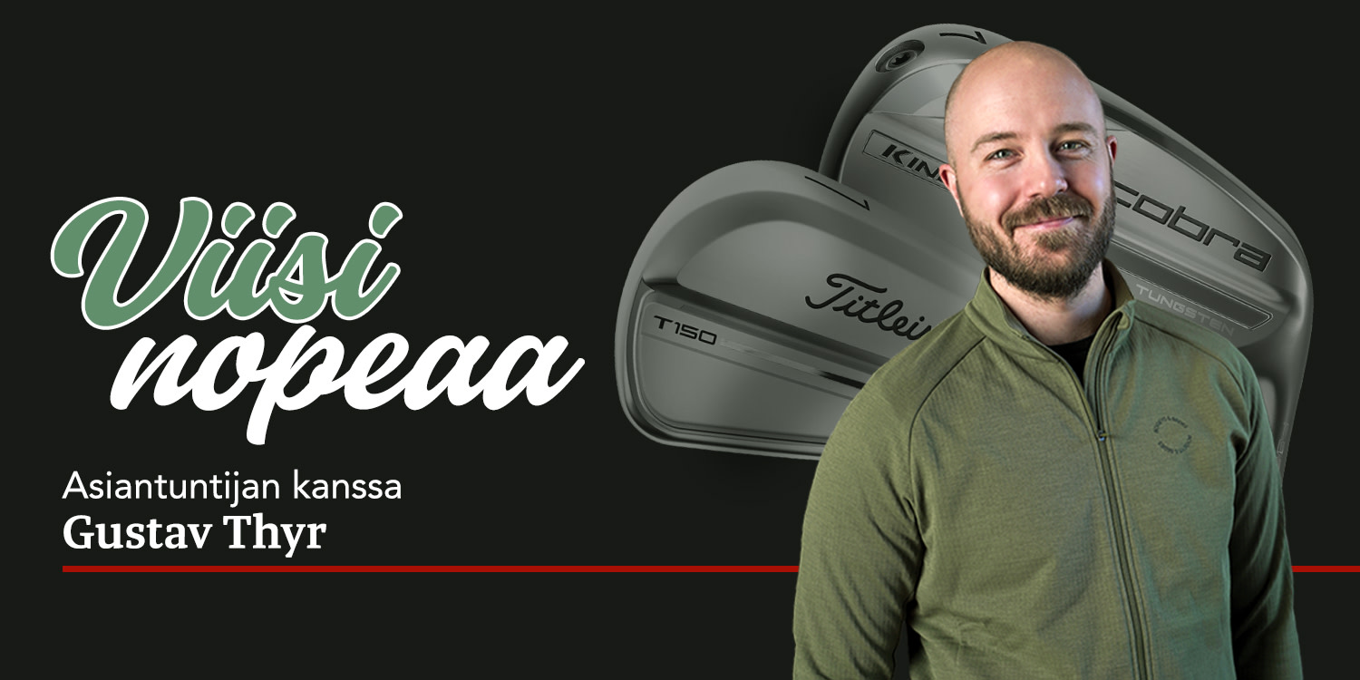 Mies vihreässä takissa hymyilee kahden golfmailan edessä, mustalla taustalla tekstit "Fünf kurze Fragen" ja "Asiantuntija Gustav Thyr".