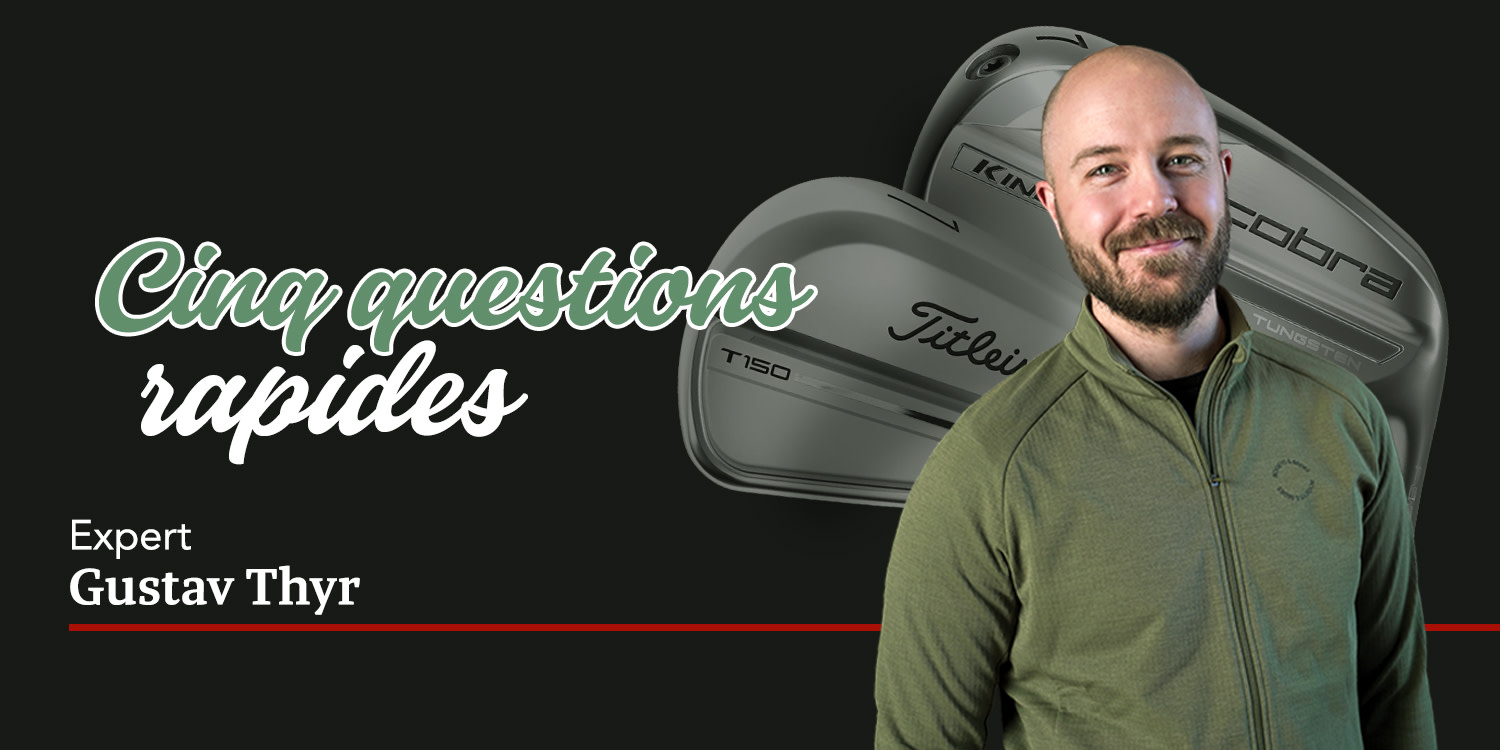 Un homme en veste verte sourit devant deux clubs de golf, avec le texte « Fünf kurze Fragen » et « Experte Gustav Thyr » sur un fond noir.