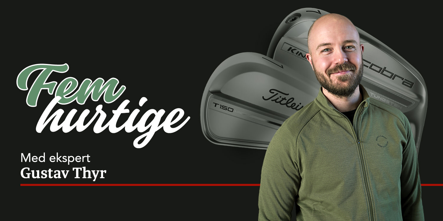 Mand i grøn jakke smiler foran to golfkøller, med teksten "Fünf kurze Fragen" og "Ekspert Gustav Thyr" på sort baggrund.